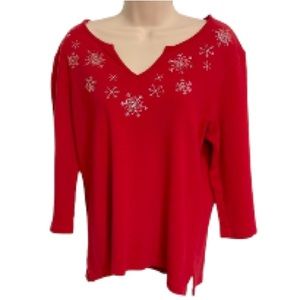 Coral Bay Shiny Snowflakes Red & Silver Bling V-Neck Sweater Top Womens Large